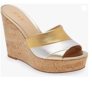 FOWT Gold Platform Two Tone Stripes Patchwork Shallow Cork Wedge Sandals